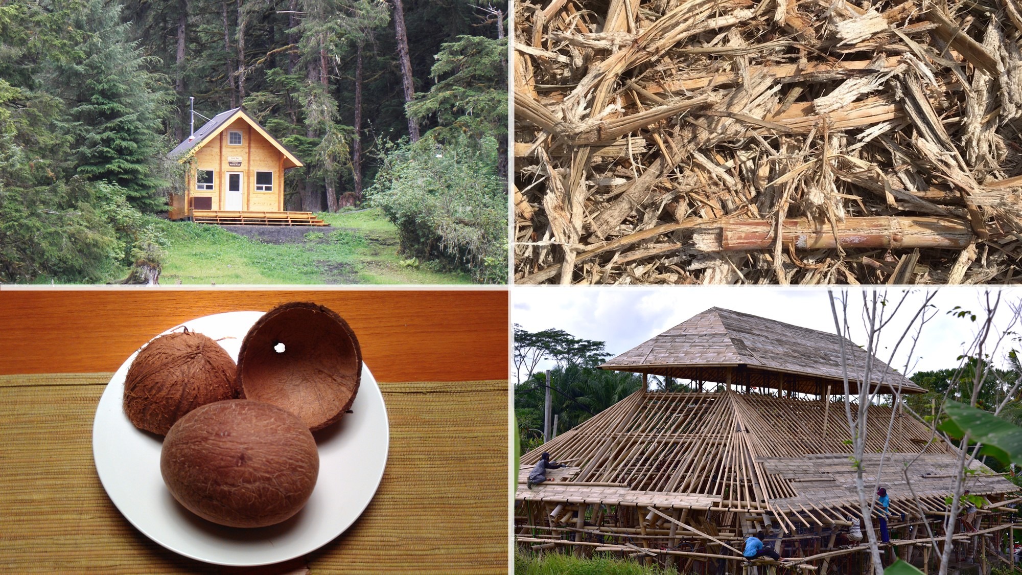 Picture on the upper left: Lakeside cabin / Picture on the upper right: Bagasse used by renouvo Picture on the lower left: Dried coconut shell / Picture on the lower right: bamboo house