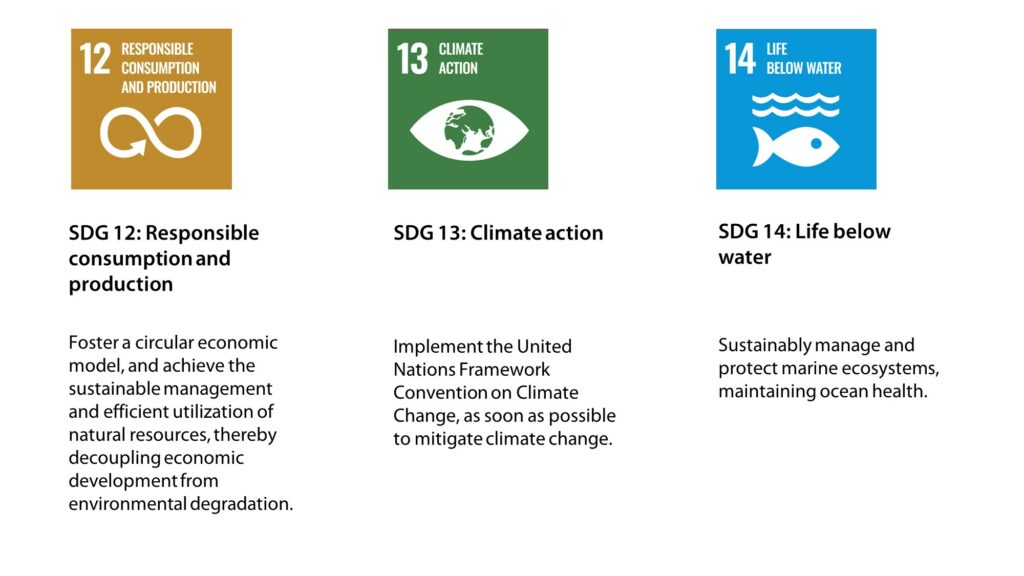 SDG 12: Responsible consumption and production, SDG 13: Climate action, SDG 14: Life below water